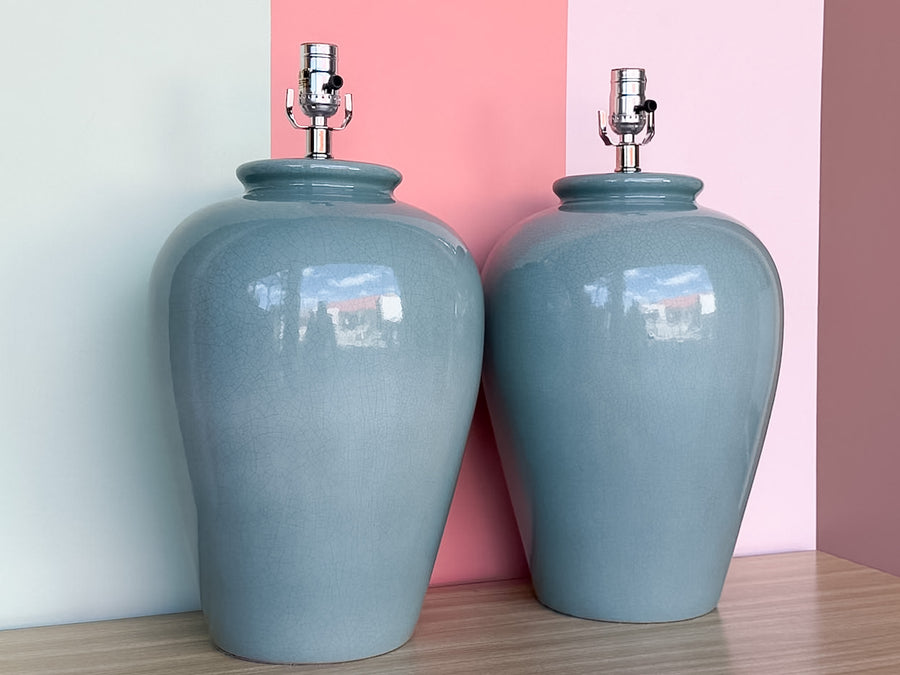 Pair of Large Ocean Blue Crackle Lamps