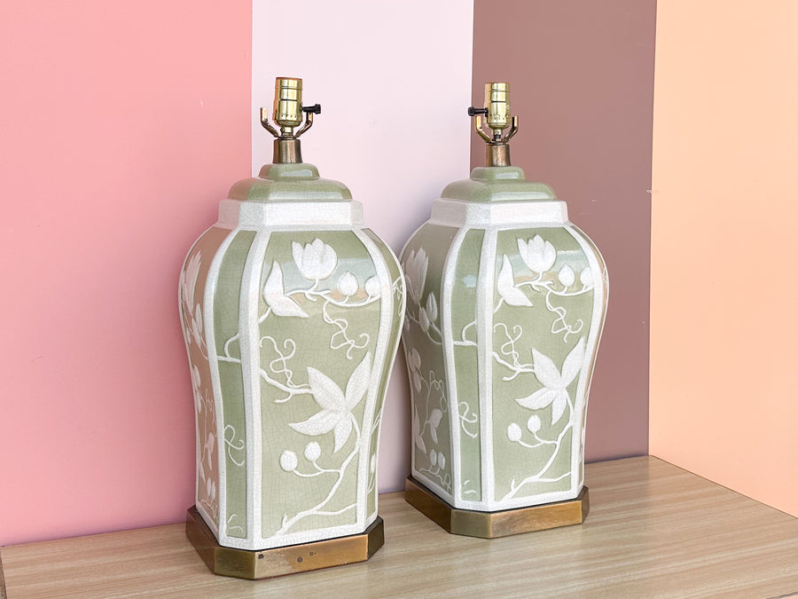 Pair of Green and White Floral Lamps