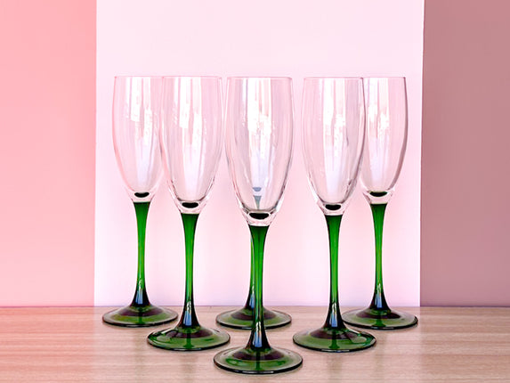 Set of Six French Green Champagne Glassware