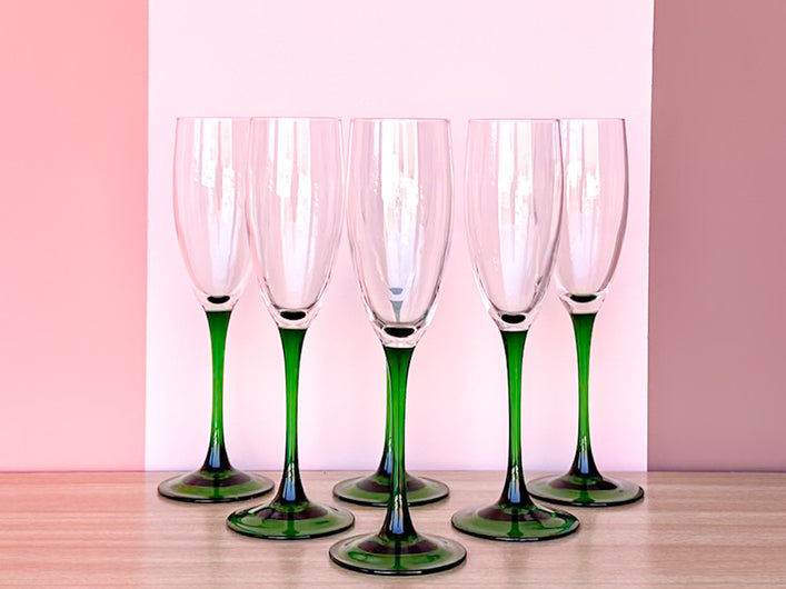 Set of Six French Green Champagne Glassware