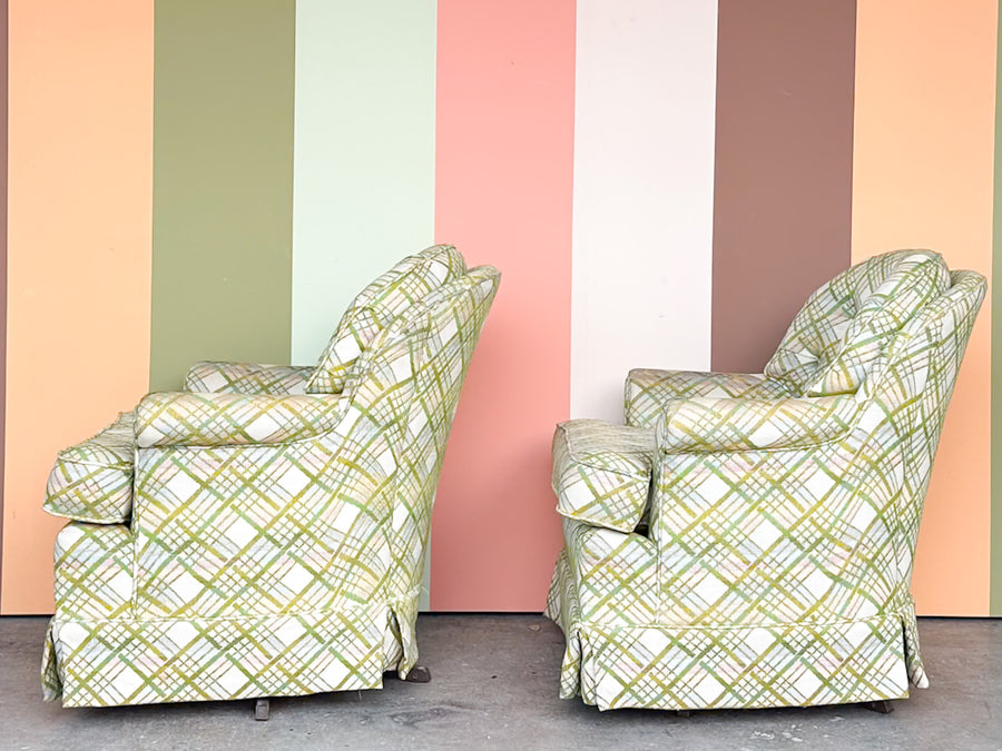 Pair of Pink and Green Plaid Upholstered Swivel Chairs