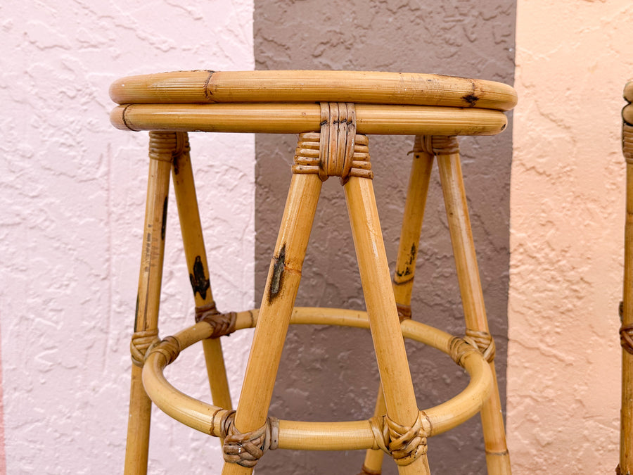 Set of Three Old Florida Cane and Rattan Bar Stools