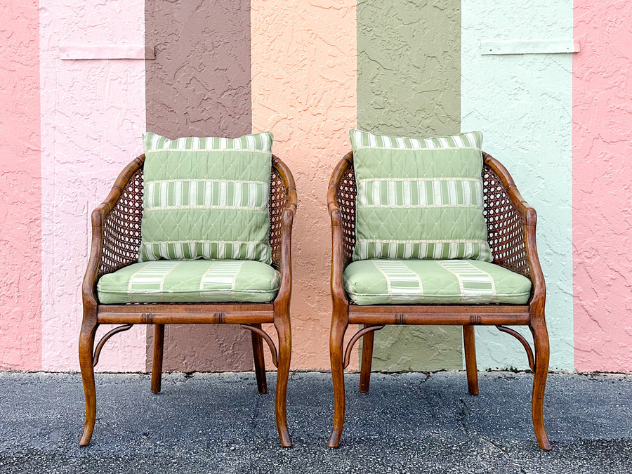 Pair of Handsome Faux Bamboo Cane Barrel Chairs