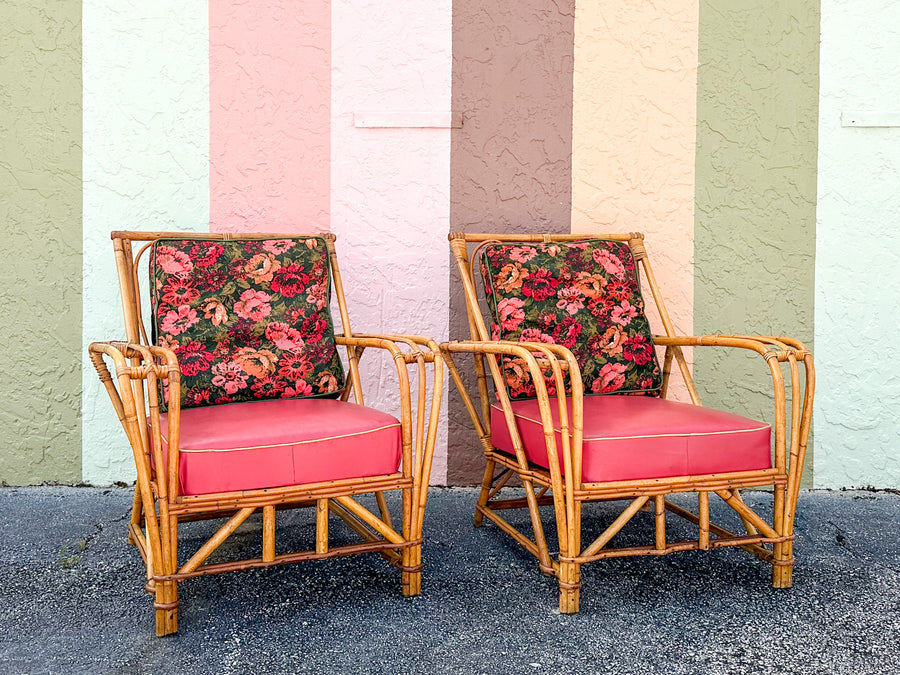 Pair of 1940s Heywood Wakefield Rattan Lounge Chairs
