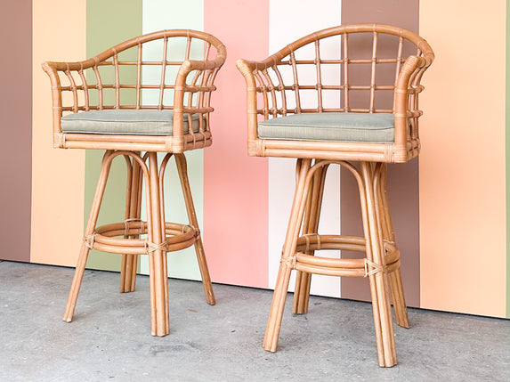 Pair of Rattan Barrel Back Bar Stools