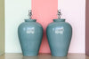 Pair of Large Ocean Blue Crackle Lamps