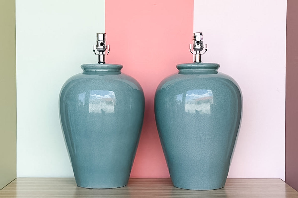 Pair of Large Ocean Blue Crackle Lamps