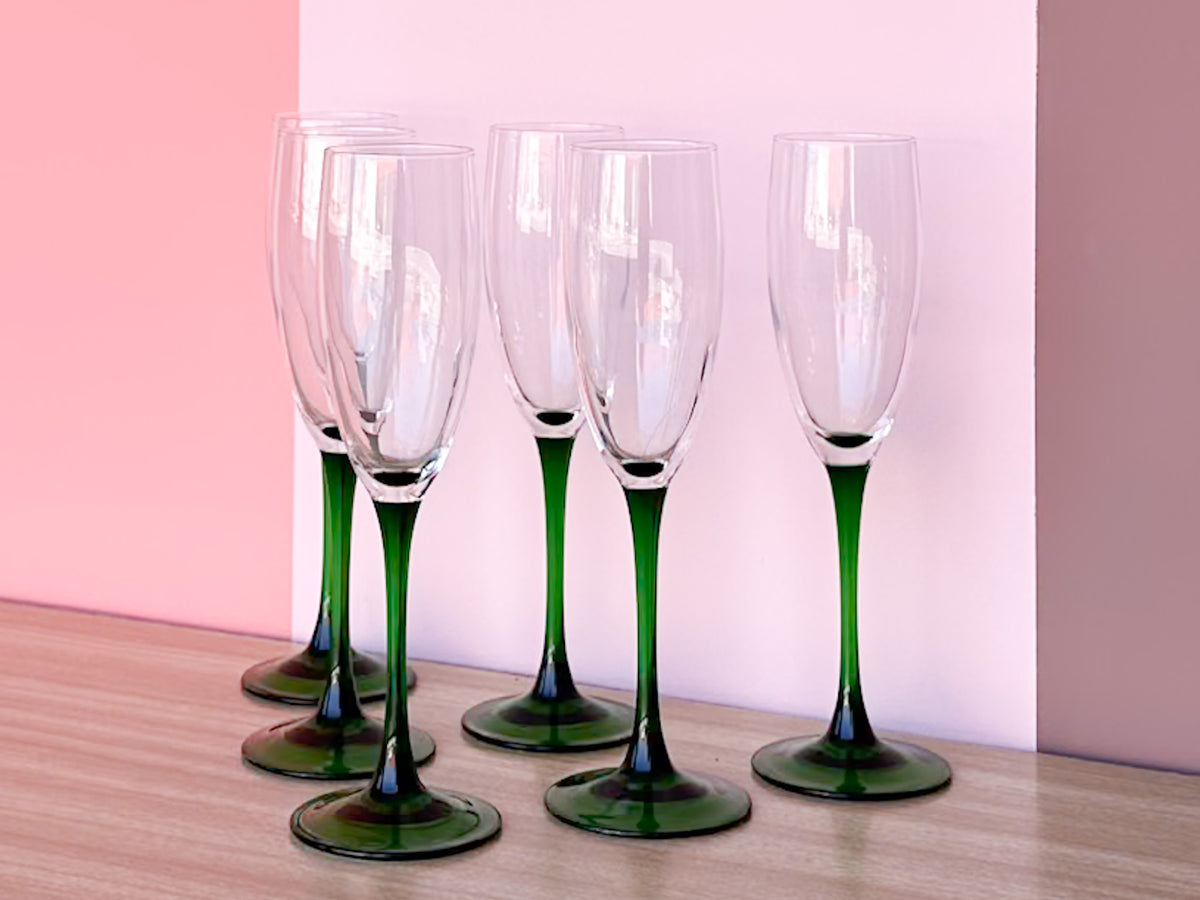 Set of Six French Green Champagne Glassware