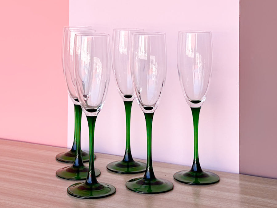 Set of Six French Green Champagne Glassware