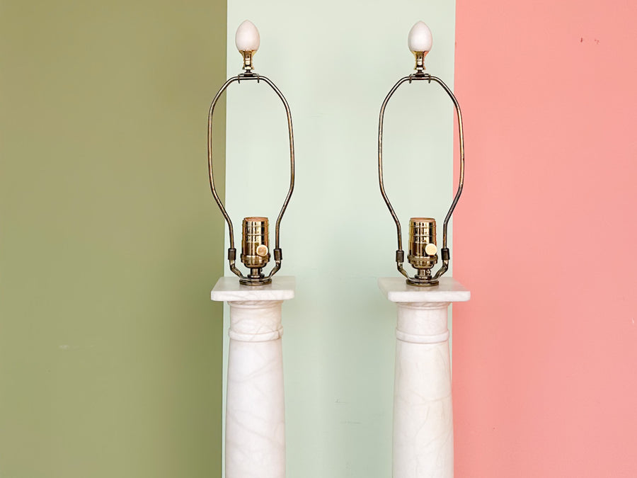 Pair of Kips Bay Show House Large Marble Column Lamps