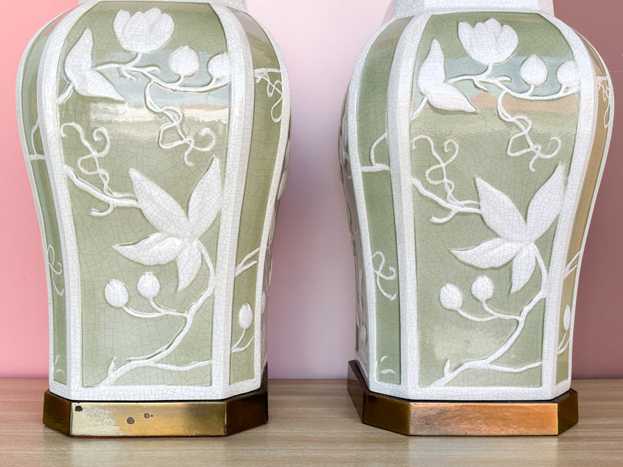 Pair of Green and White Floral Lamps