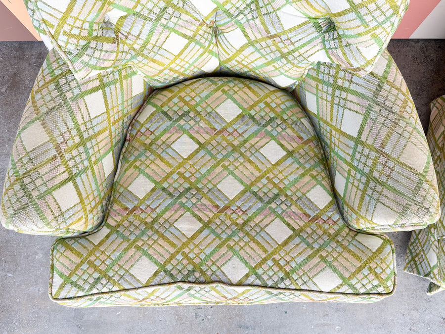 Pair of Pink and Green Plaid Upholstered Swivel Chairs