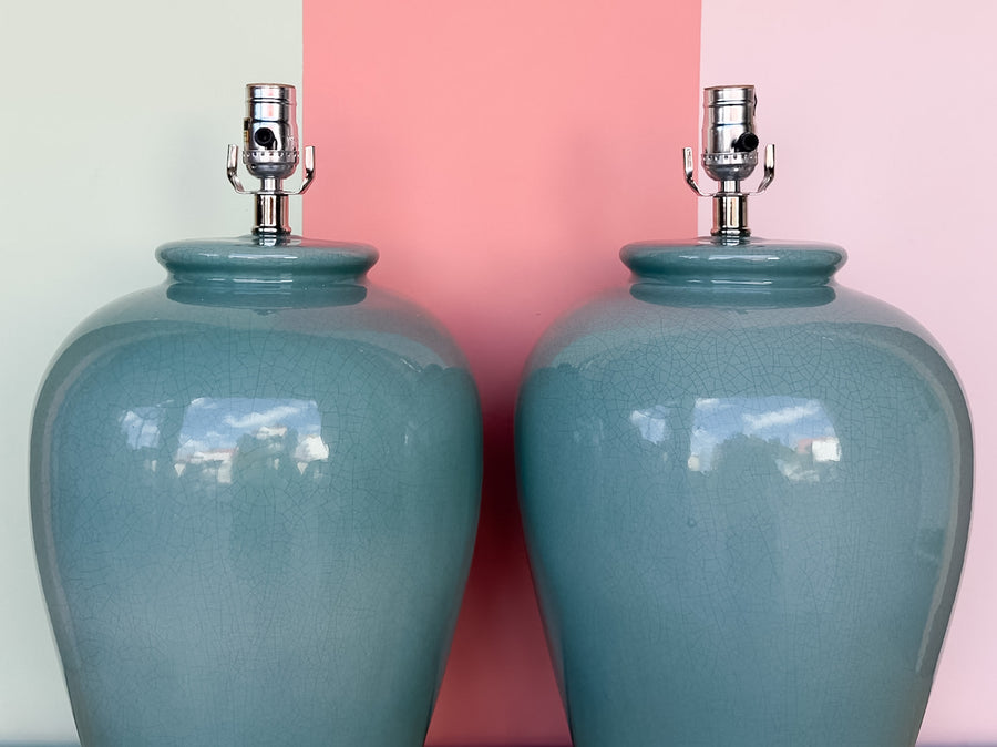 Pair of Large Ocean Blue Crackle Lamps