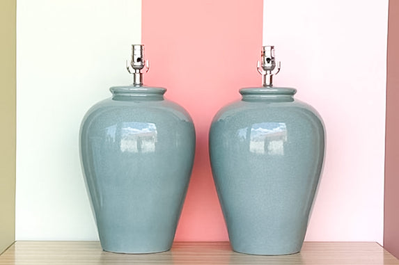 Pair of Large Ocean Blue Crackle Lamps