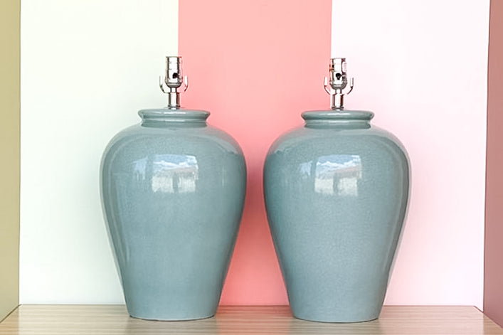 Pair of Large Ocean Blue Crackle Lamps