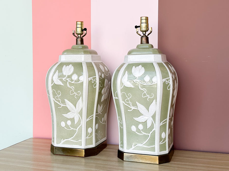 Pair of Green and White Floral Lamps