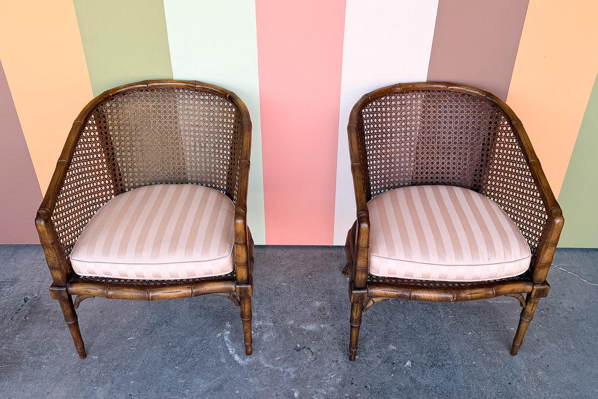 Pair of Handsome Faux Bamboo Cane Barrel Chairs