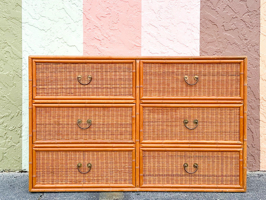 Rattan Wrapped Faux Bamboo Double Dresser