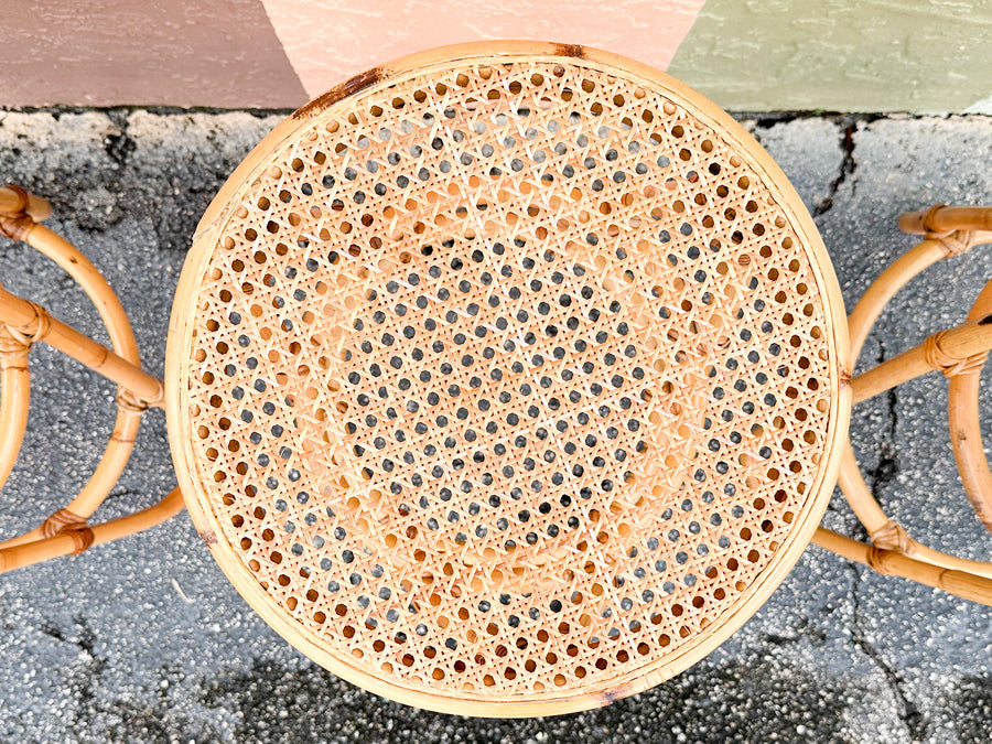 Set of Three Old Florida Cane and Rattan Bar Stools