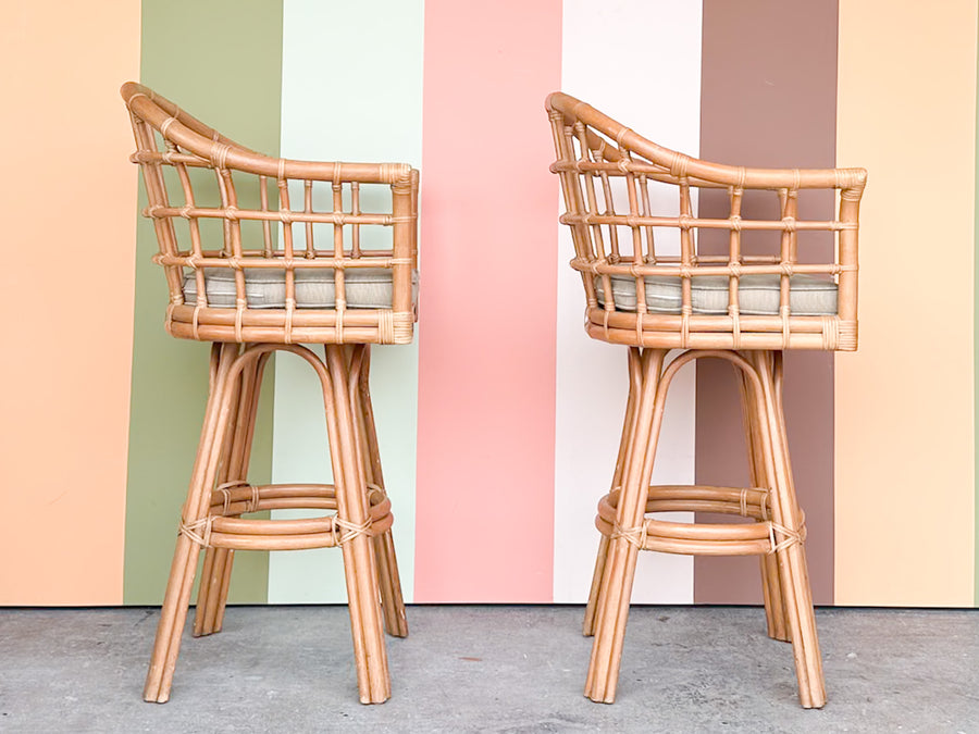 Pair of Rattan Barrel Back Bar Stools