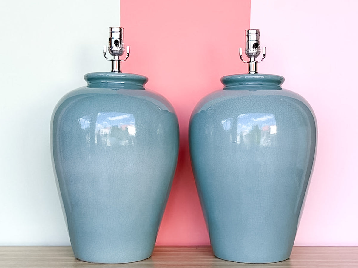 Pair of Large Ocean Blue Crackle Lamps