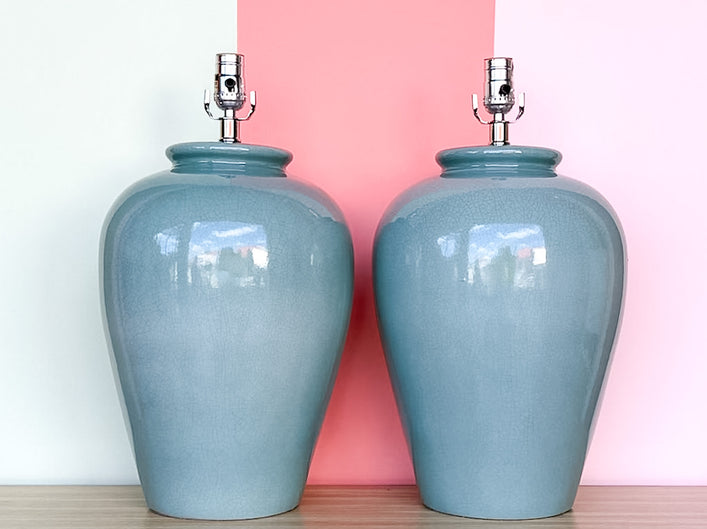 Pair of Large Ocean Blue Crackle Lamps