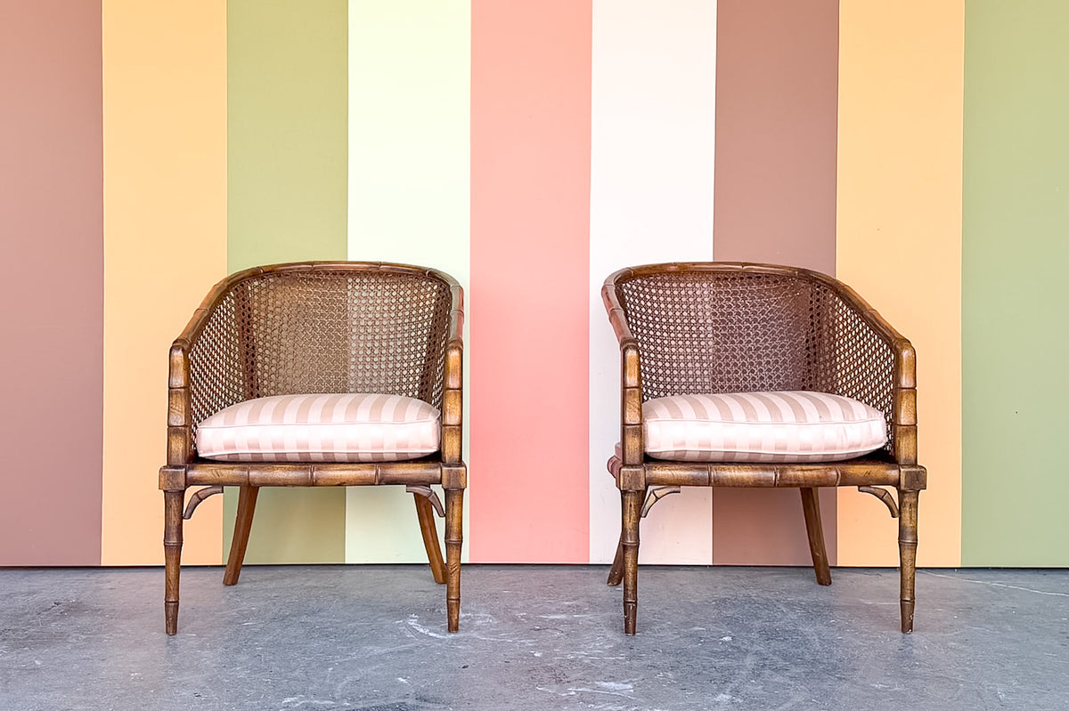 Pair of Handsome Faux Bamboo Cane Barrel Chairs