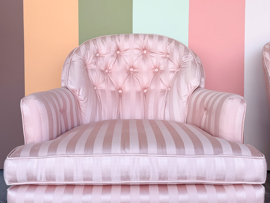 Pair of Pink Chic Upholstered Swivel Chairs