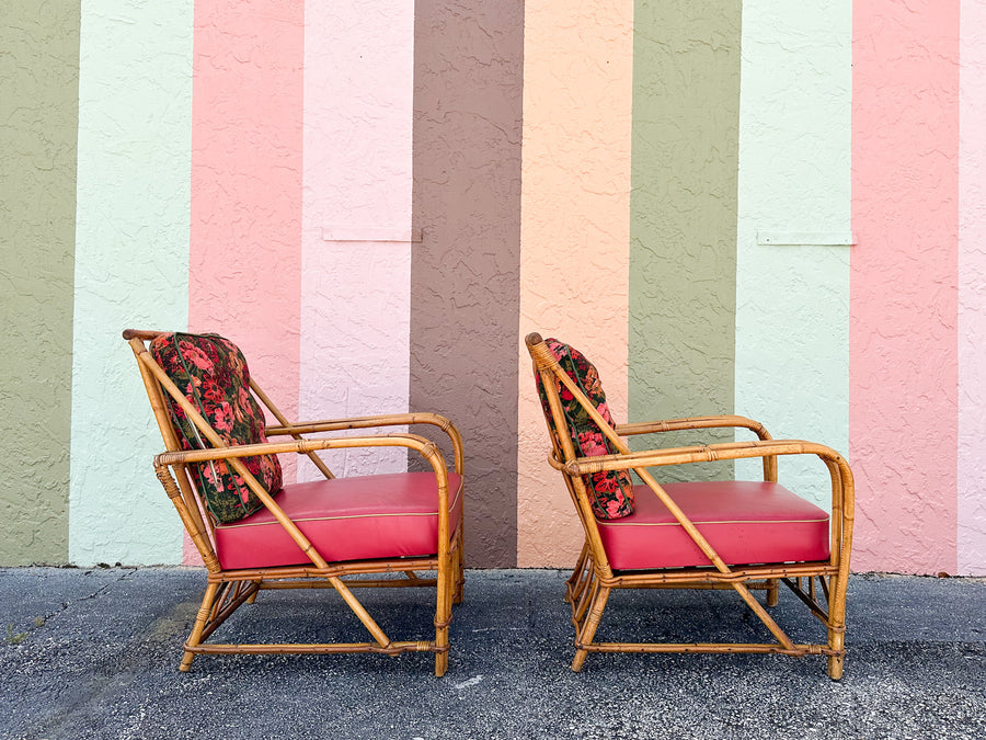 Pair of 1940s Heywood Wakefield Rattan Lounge Chairs