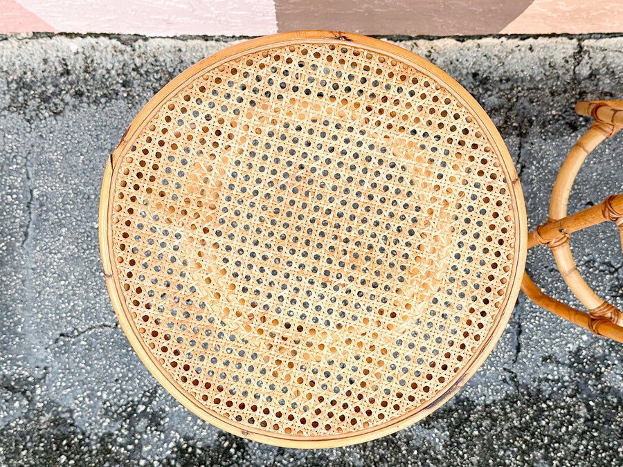 Set of Three Old Florida Cane and Rattan Bar Stools