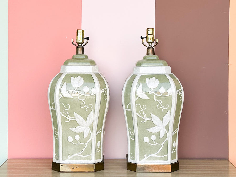 Pair of Green and White Floral Lamps
