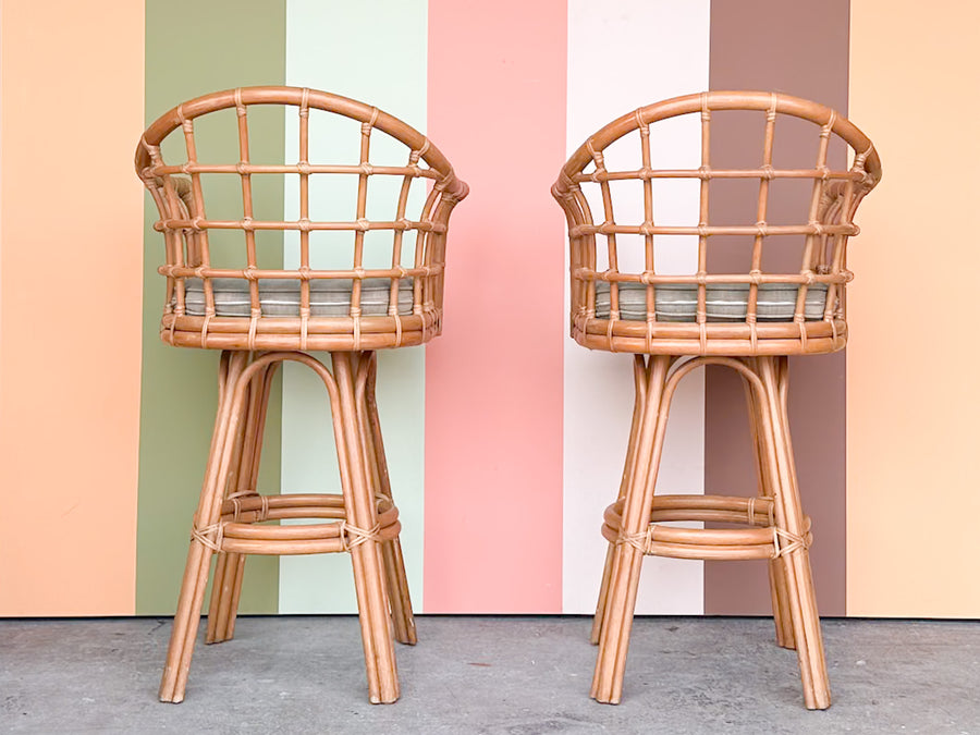 Pair of Rattan Barrel Back Bar Stools
