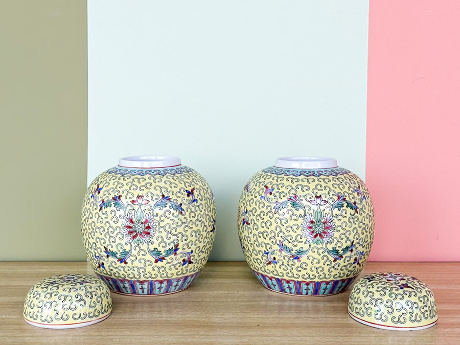 Pair of Petite Yellow Chinoiserie Ginger Jars