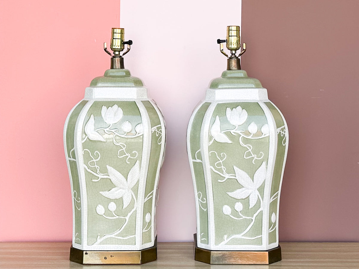 Pair of Green and White Floral Lamps