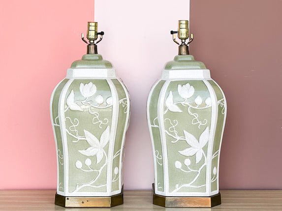 Pair of Green and White Floral Lamps