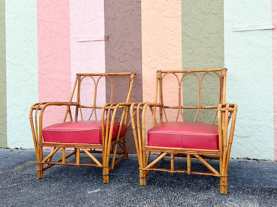 Pair of 1940s Heywood Wakefield Rattan Lounge Chairs