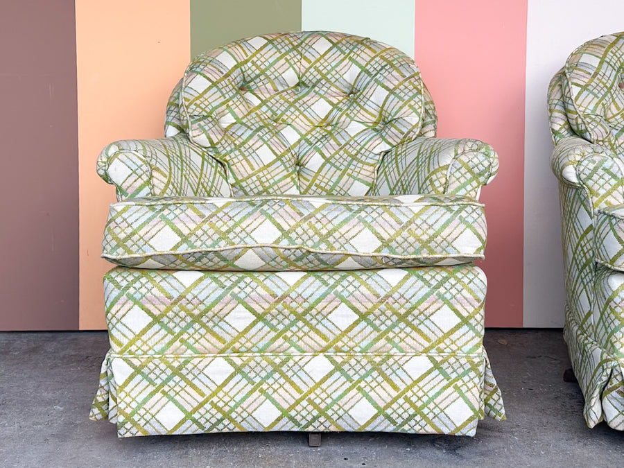 Pair of Pink and Green Plaid Upholstered Swivel Chairs