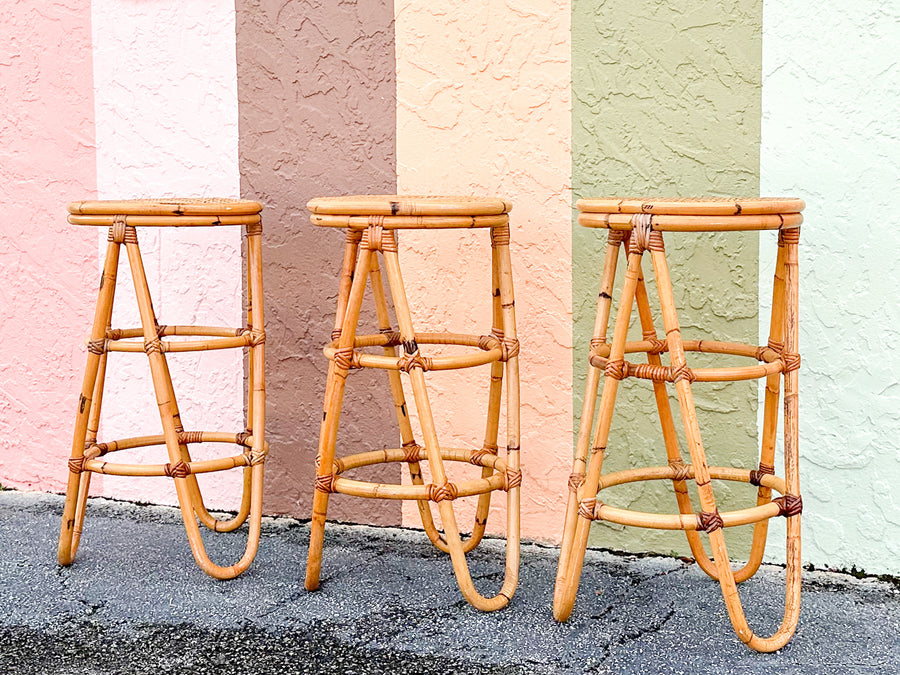 Set of Three Old Florida Cane and Rattan Bar Stools