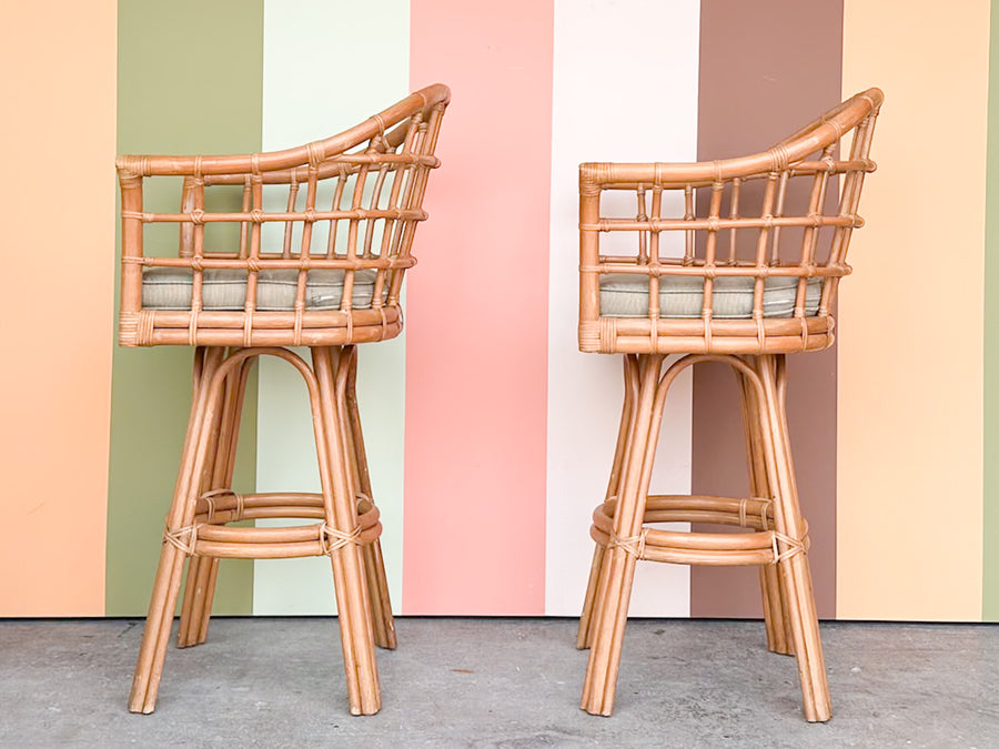 Pair of Rattan Barrel Back Bar Stools