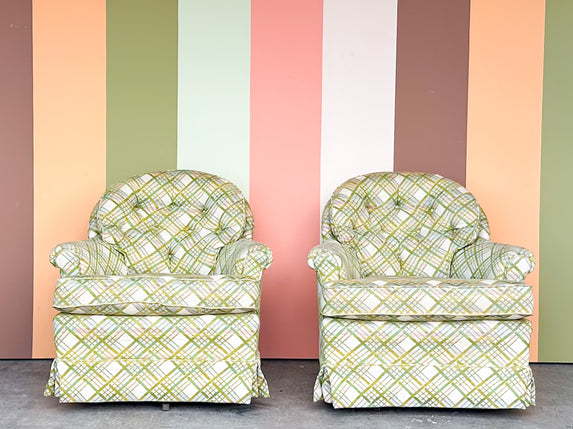 Pair of Pink and Green Plaid Upholstered Swivel Chairs