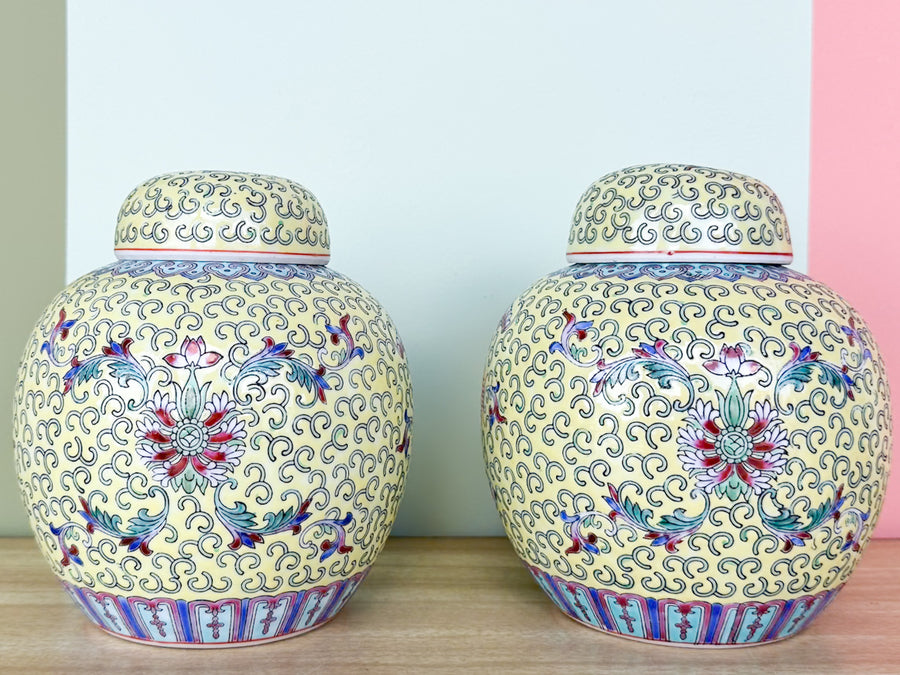 Pair of Petite Yellow Chinoiserie Ginger Jars