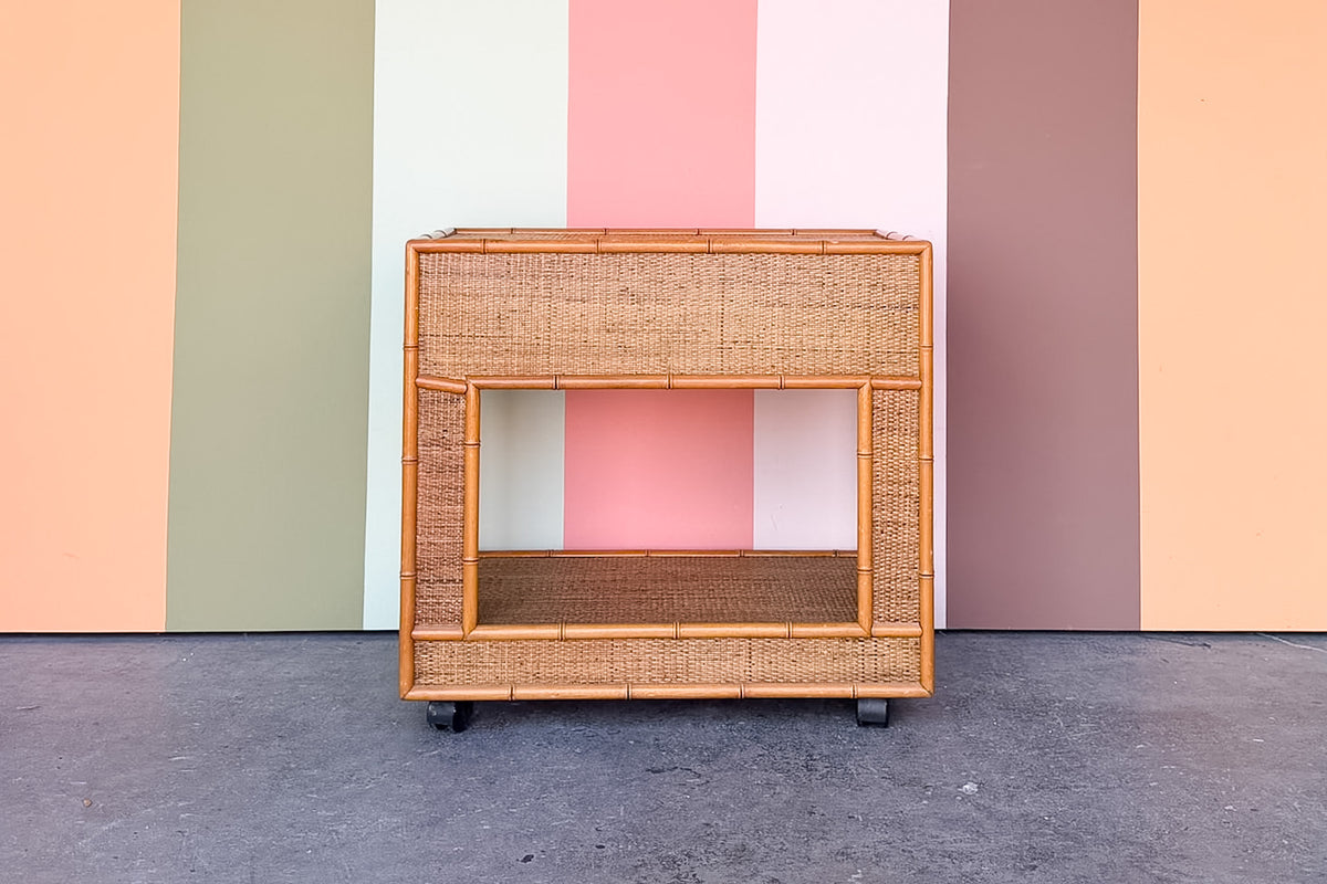 Old Florida Rattan Wrapped Nightstand on Casters