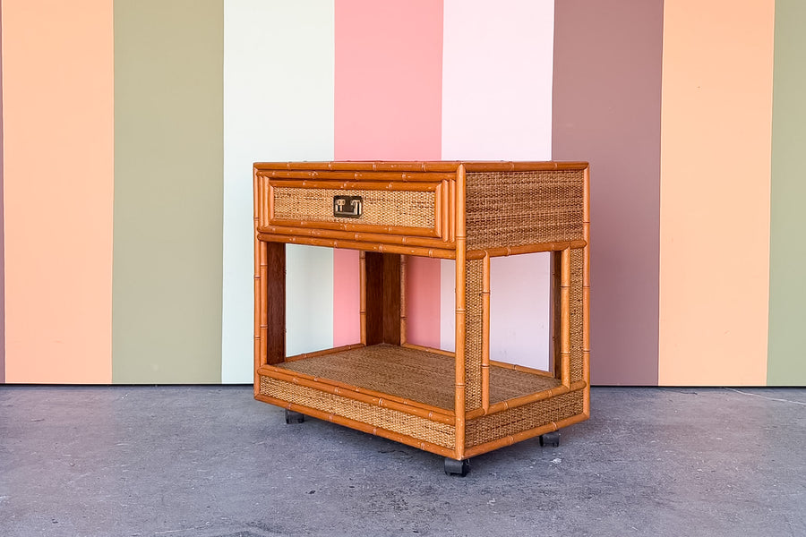 Old Florida Rattan Wrapped Nightstand on Casters
