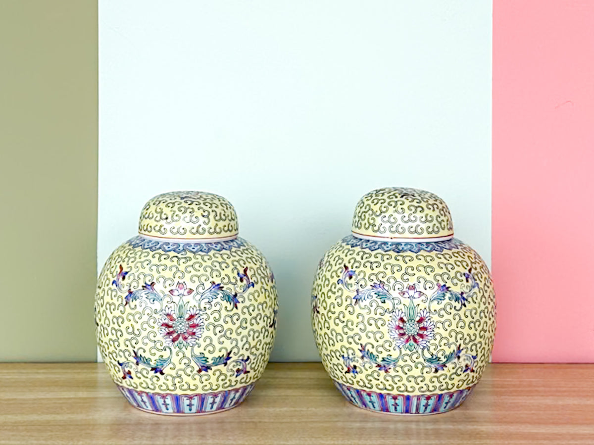 Pair of Petite Yellow Chinoiserie Ginger Jars