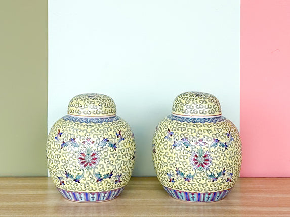 Pair of Petite Yellow Chinoiserie Ginger Jars