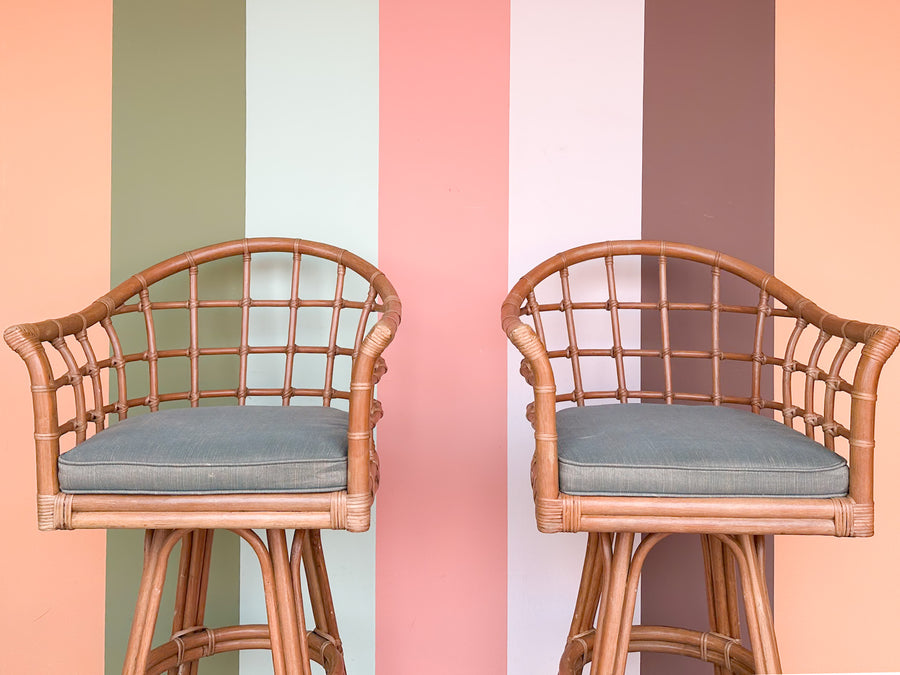 Pair of Rattan Barrel Back Bar Stools
