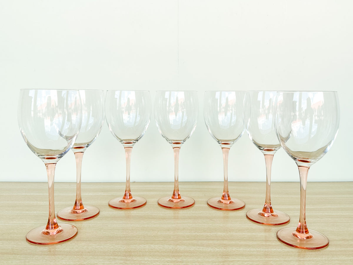 Set of Six Pink Stem Wine Glasses