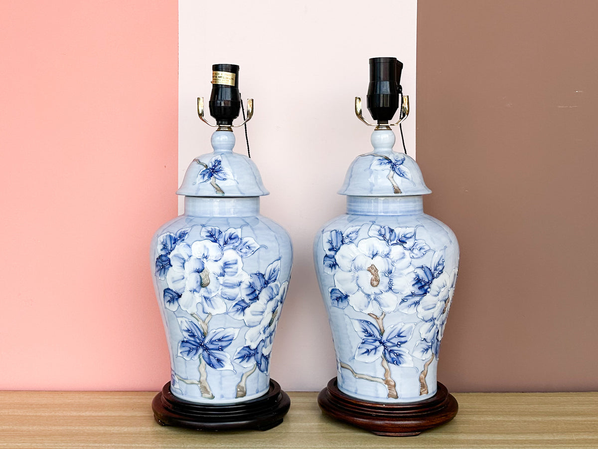 Pair of Blue Floral Ginger Jar Lamps