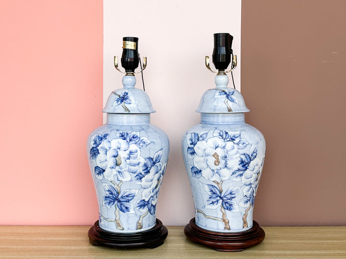 Pair of Blue Floral Ginger Jar Lamps