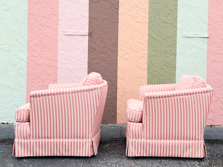 Pair of Pink Striped Upholstered Chairs on Castors